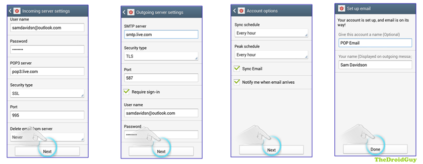 how to change email server settings samsung tablet