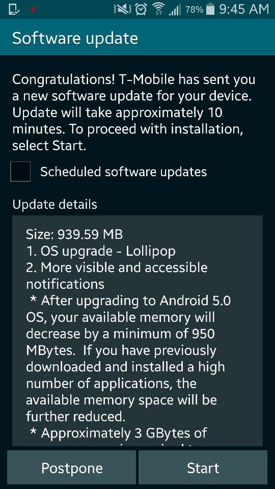 T-Mobile Lollipop update notification on Galaxy S5