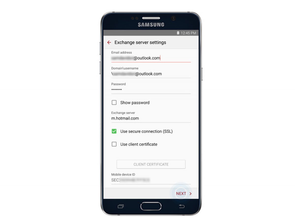 samsung galaxy hotmail email settings