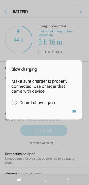 Galaxy S8 showing “slow charging … Use charger that came with the device.” error