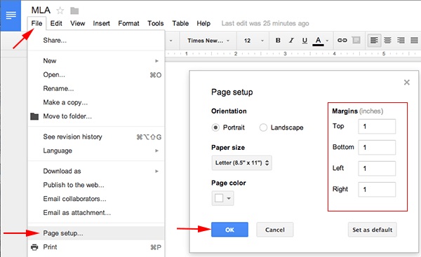 google doc page setup change margins