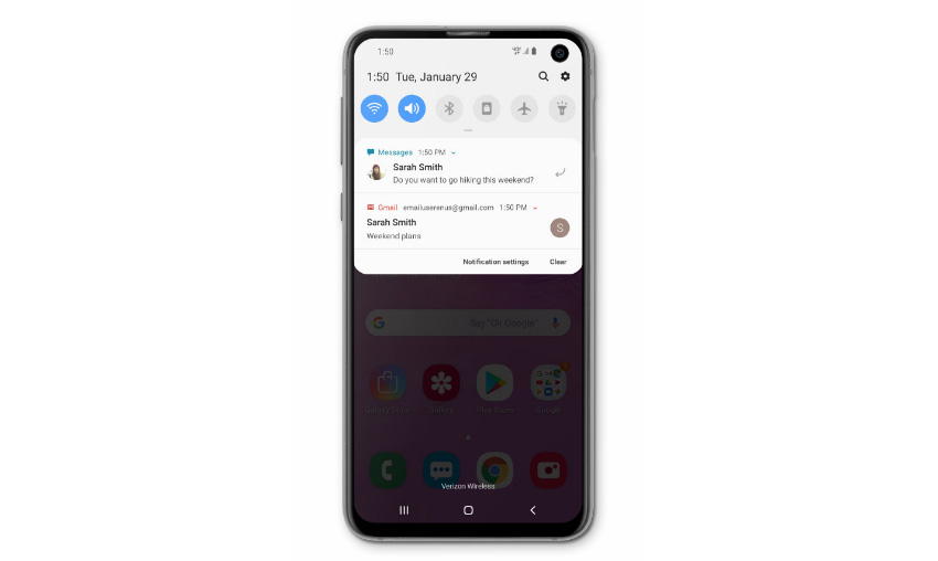 Using Samsung Galaxy S10e Notification Panel