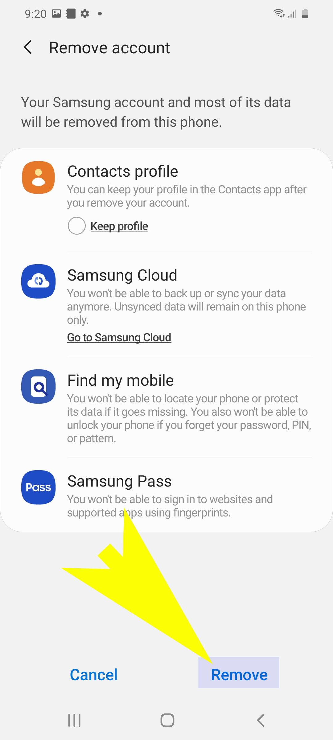 add and remove samsung account - confirm account removal
