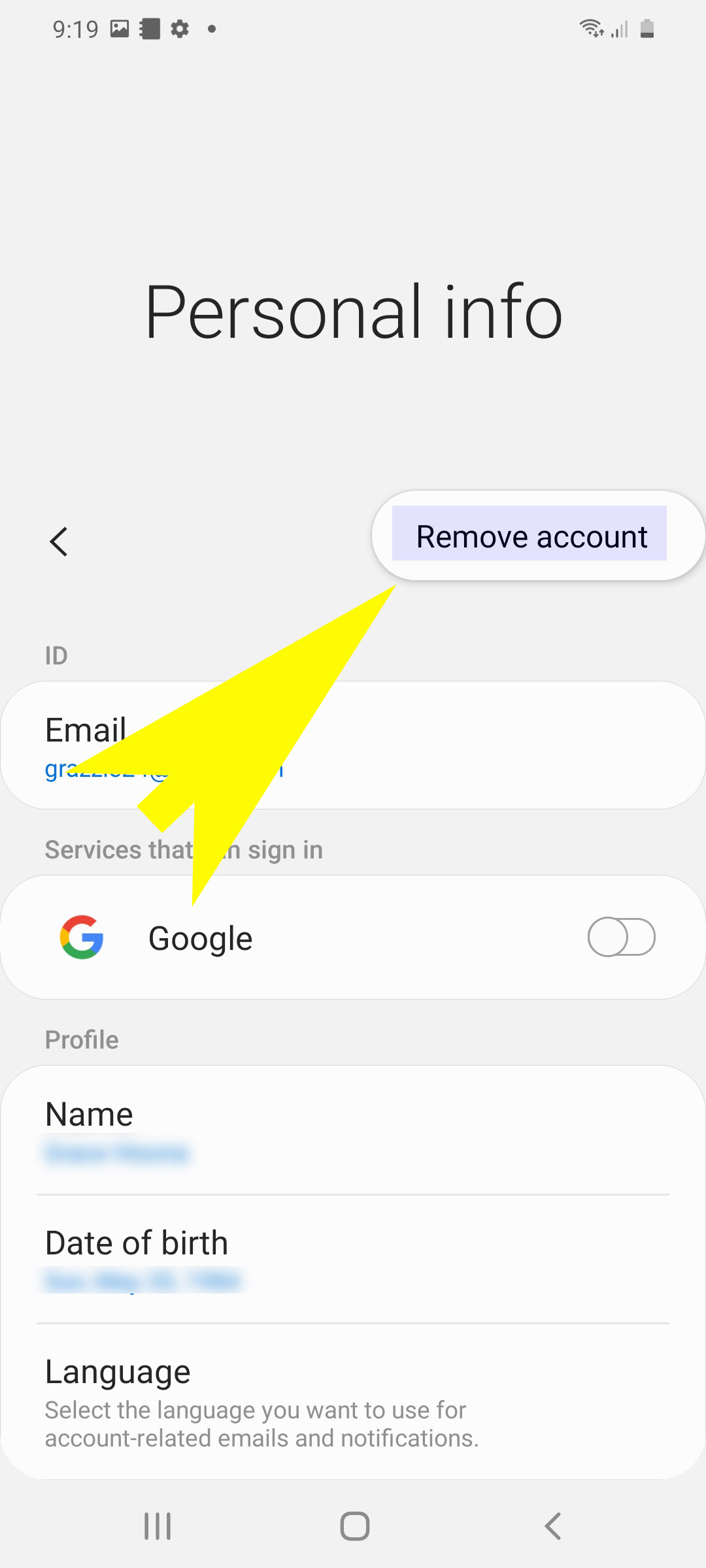 add and remove samsung account - remove account button