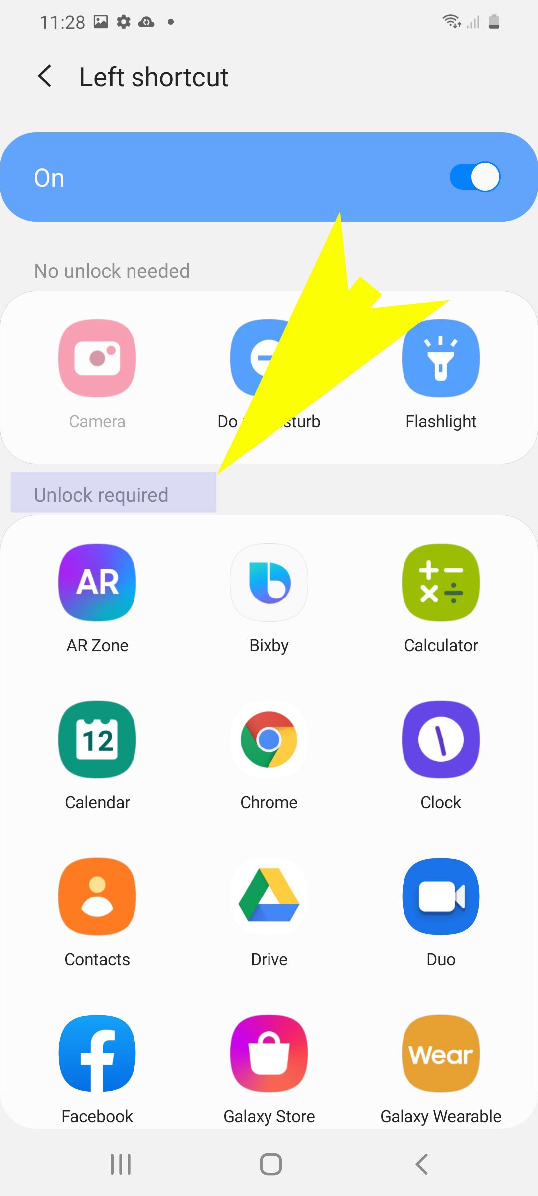 add change lock screen shortcuts on galaxy s20 - unlock required apps