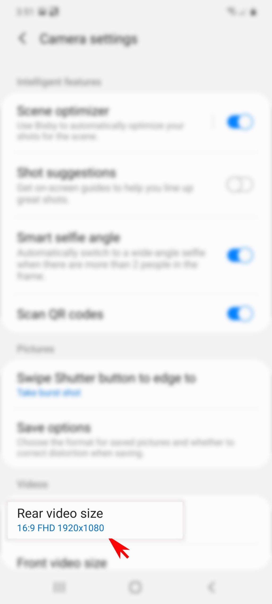 change file size of pictures and videos galaxy s20 - rear video file settings