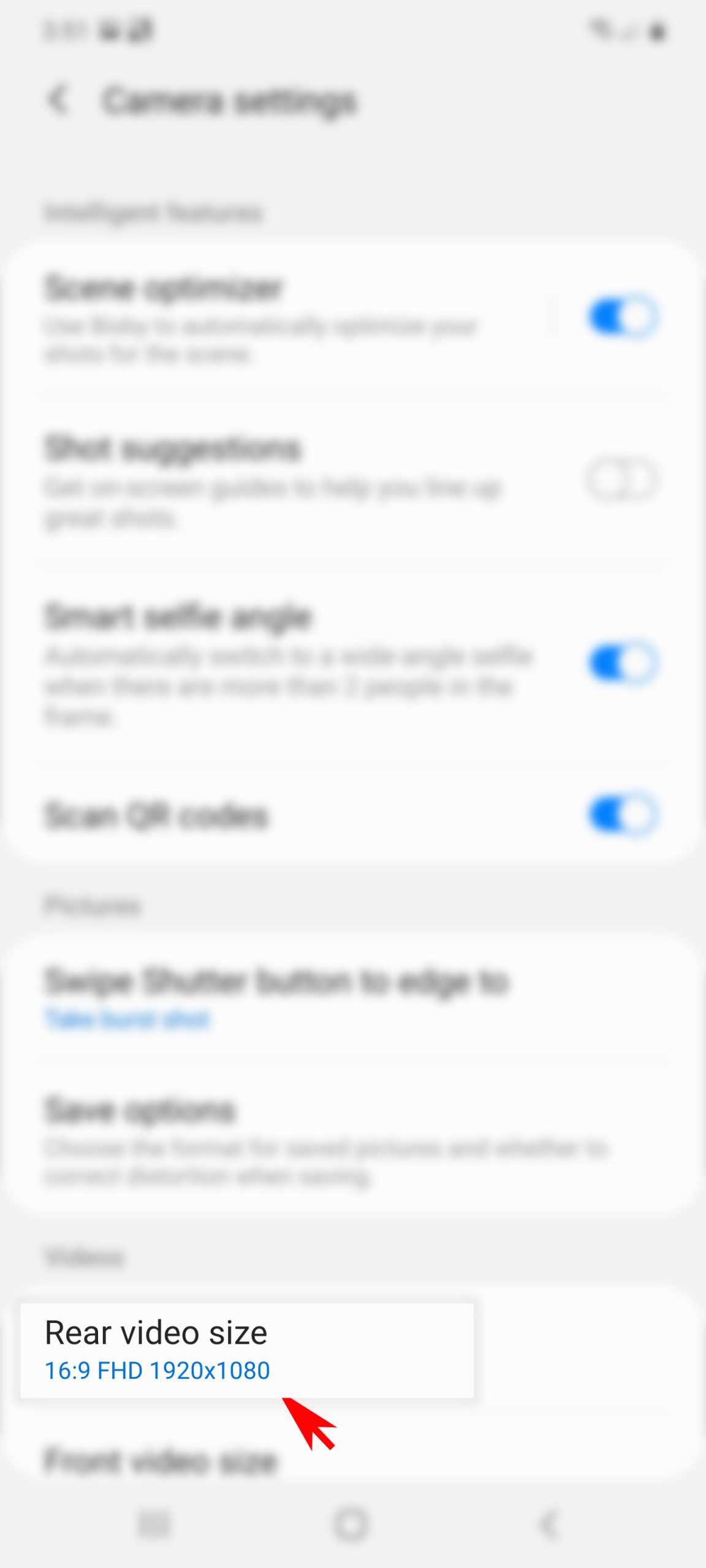 change file size of pictures and videos galaxy s20 - rear video file settings