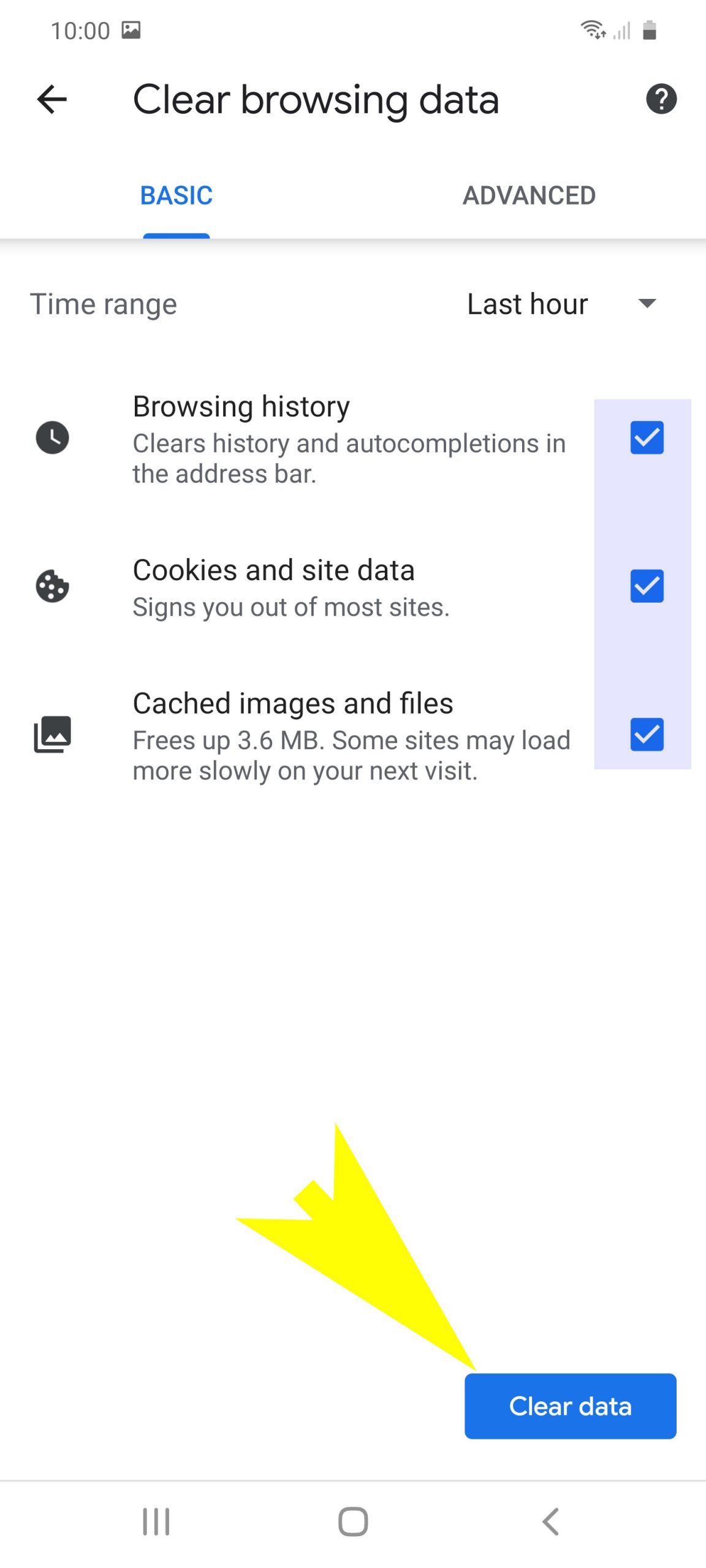 clear browsing data on galaxy s20 chrome - confirm clear data