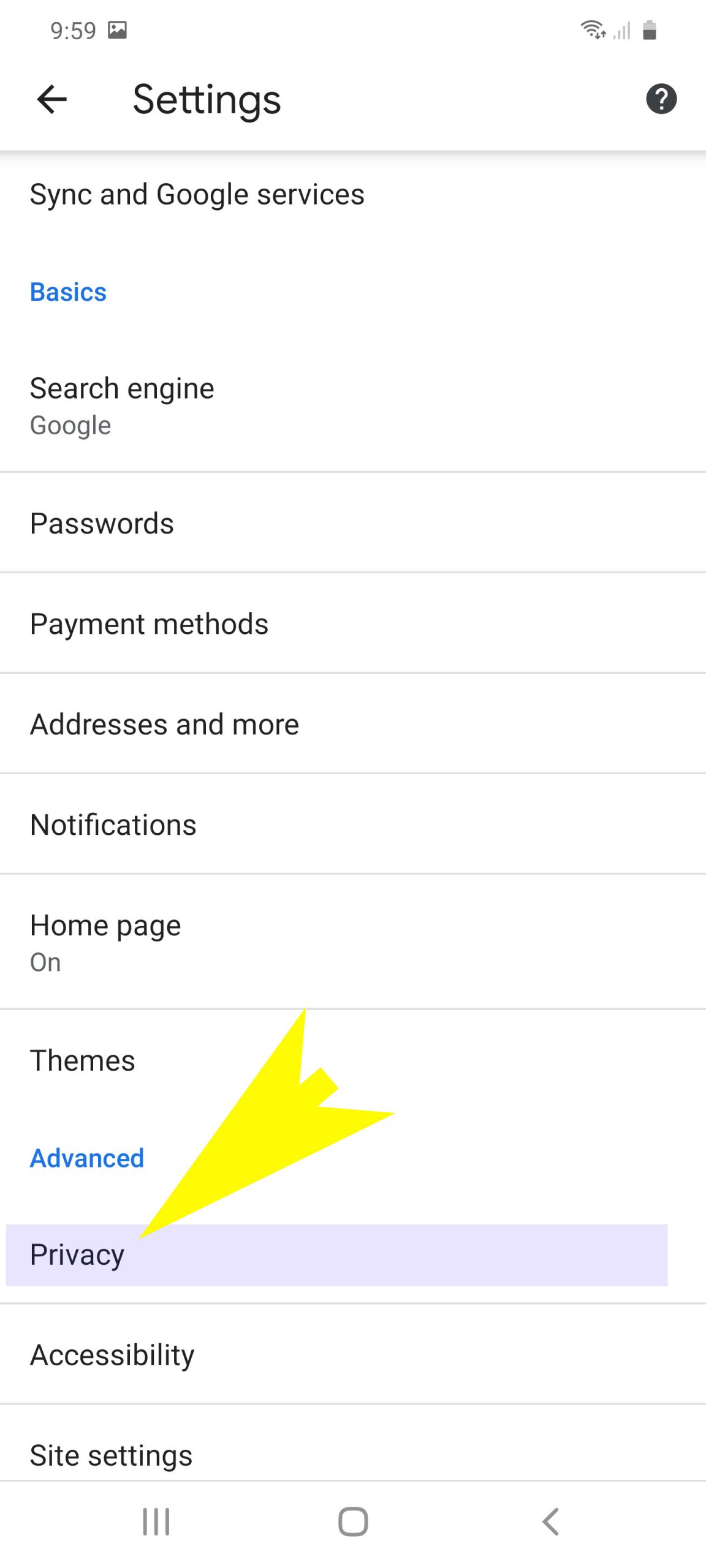 clear browsing data on galaxy s20 chrome - privacy settings