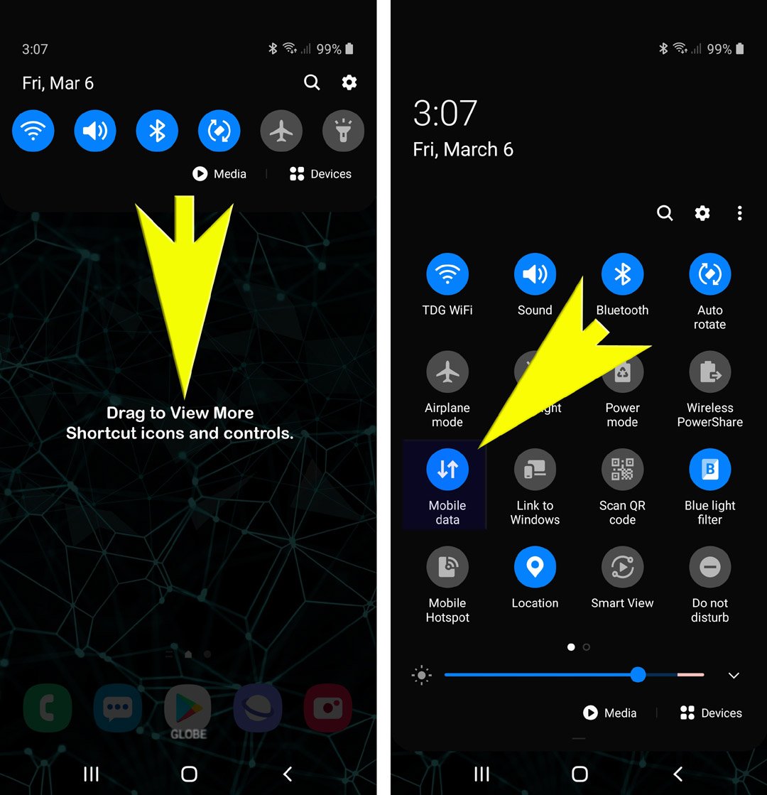 connect galaxy s20 to internet using mobile data - notification panel - mobile data icon
