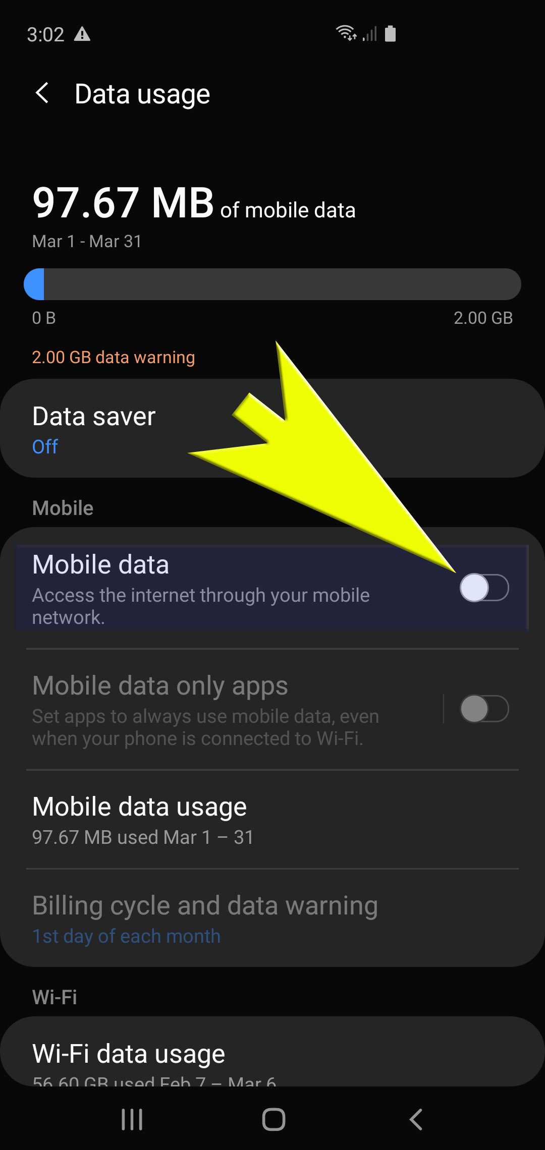 connect galaxy s20 to internet using mobile data - toggle mobile data switch on