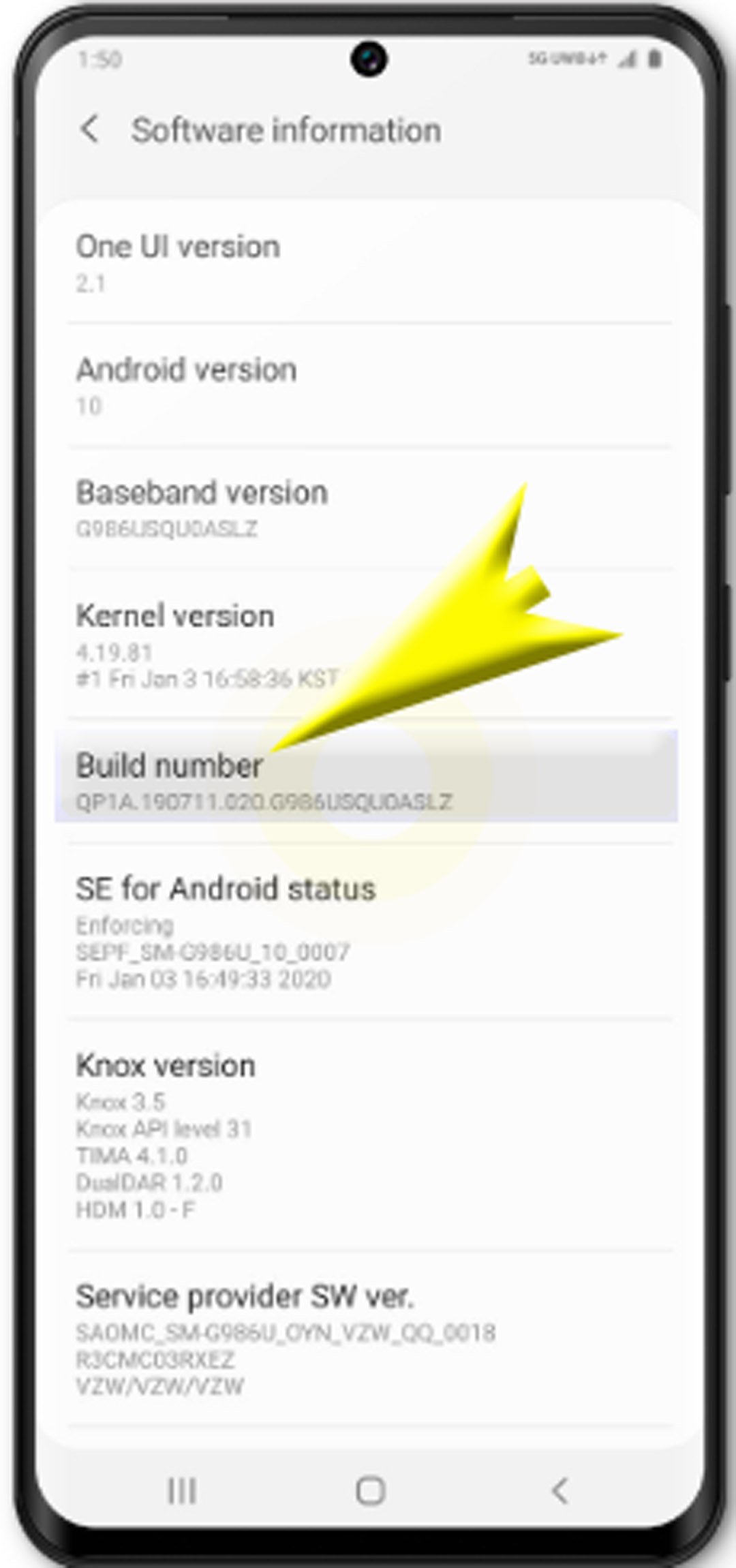 enable usb debugging on galaxy s20 - Build number