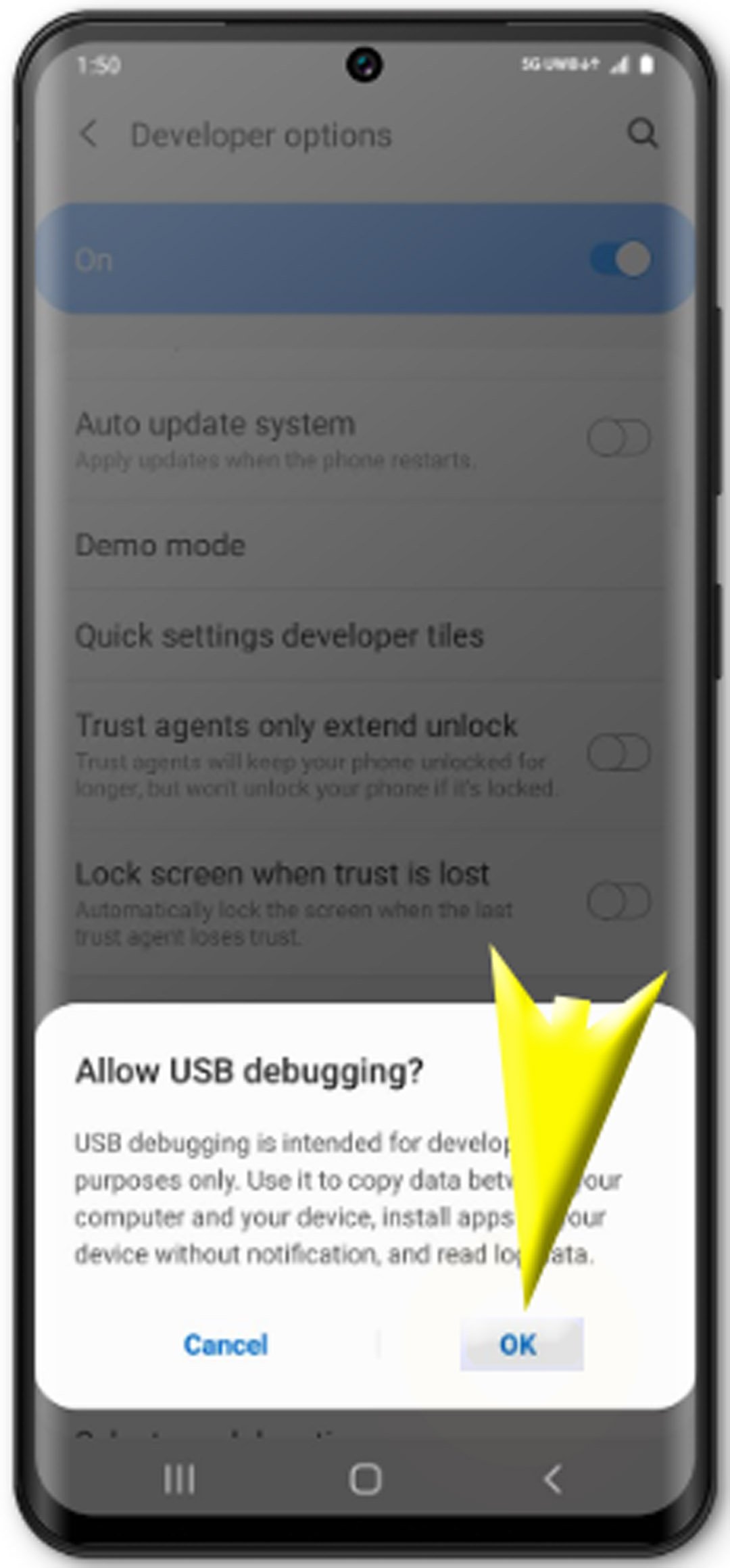 enable usb debugging on galaxy s20 - confirm to allow usb debugging