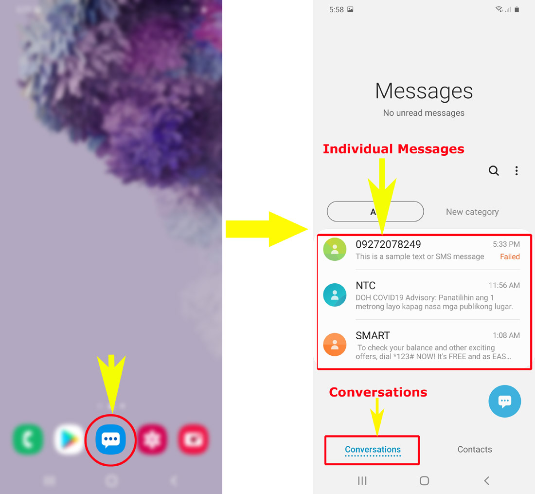 galaxy s20 cannot send text sms messages - delete messages conversations