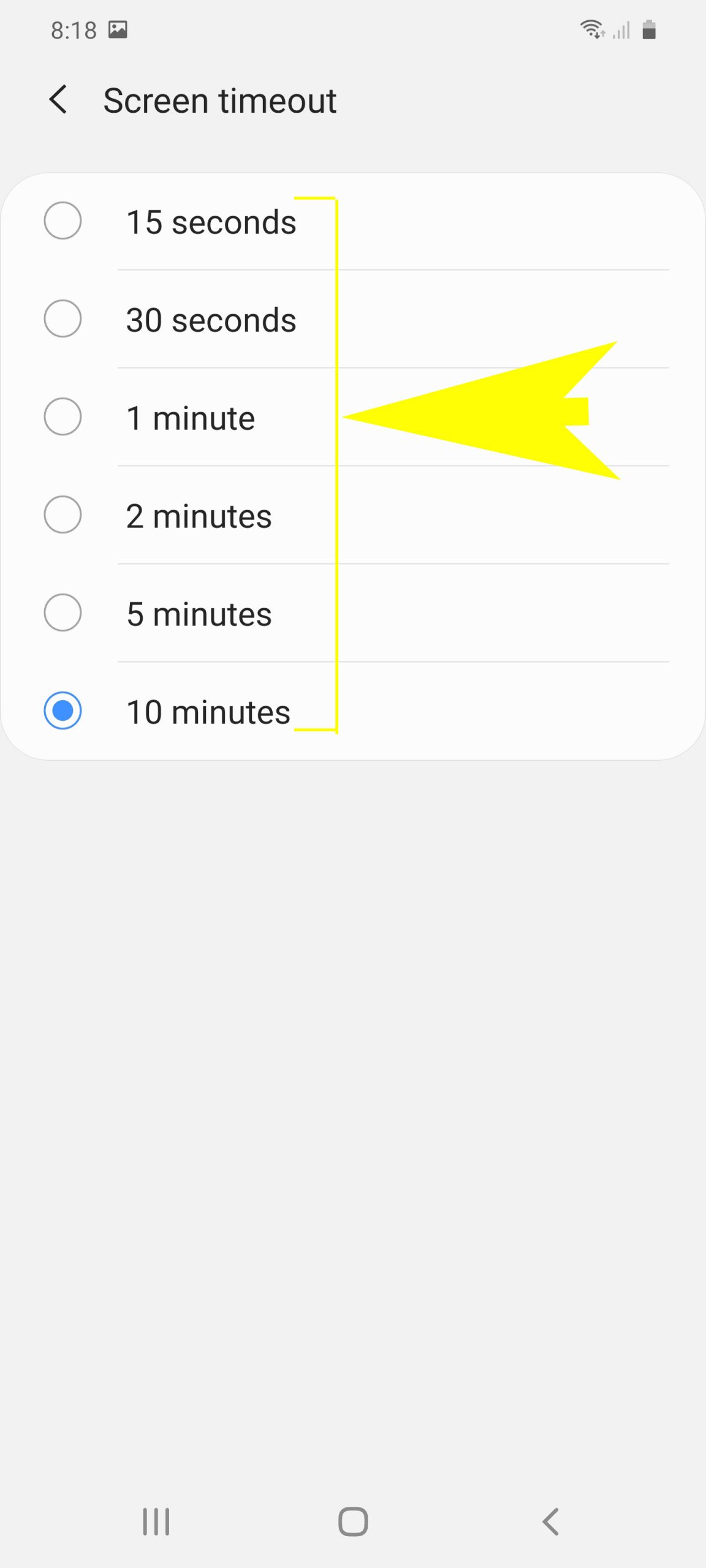 galaxy s20 screen timeout and brightness - idle time