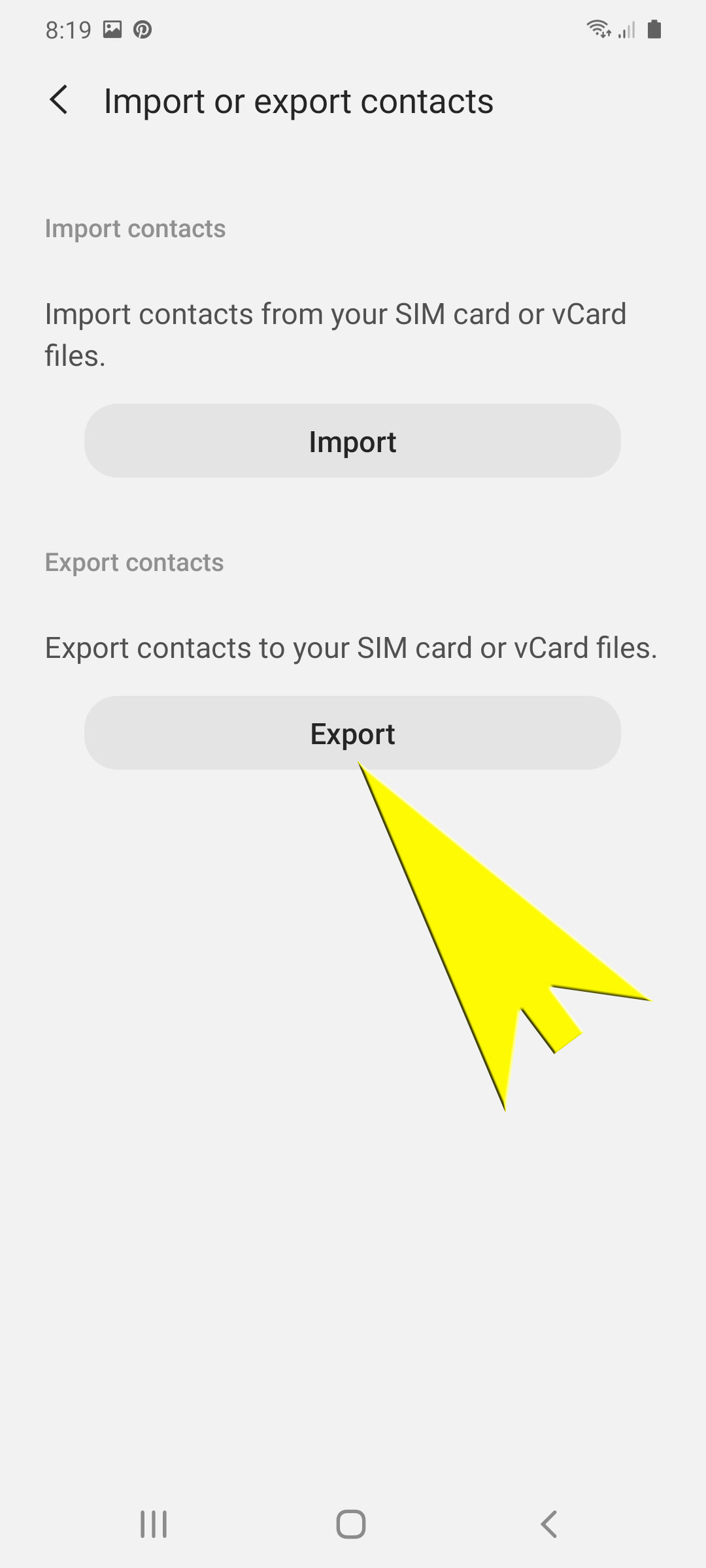 import export contacts on galaxy s20 - tap export