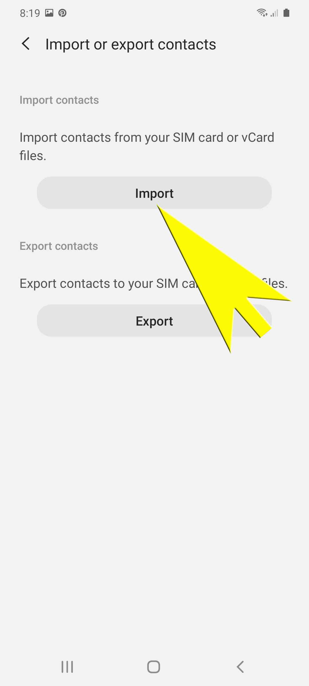 import export contacts on galaxy s20 - tap import
