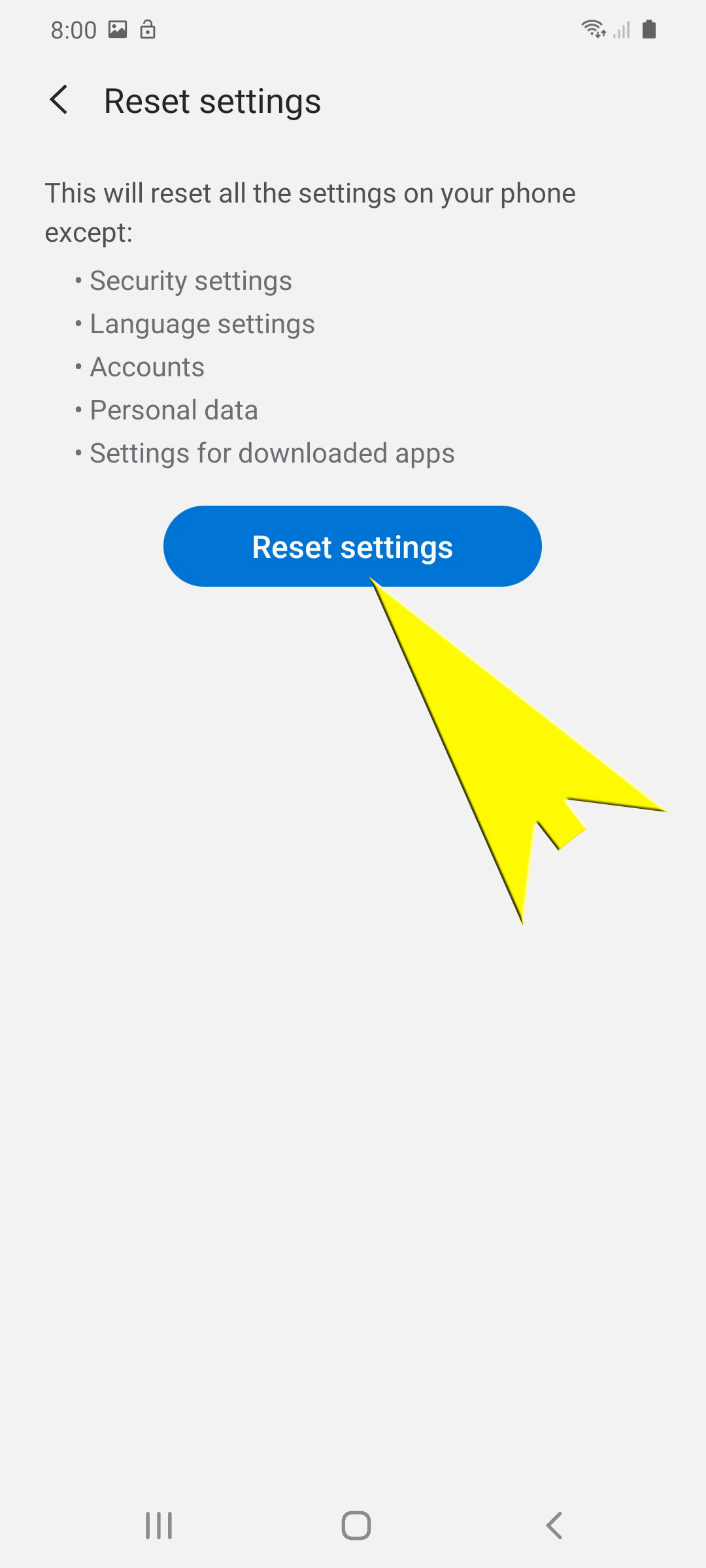 reset all settings galaxy s20 - reset settings button