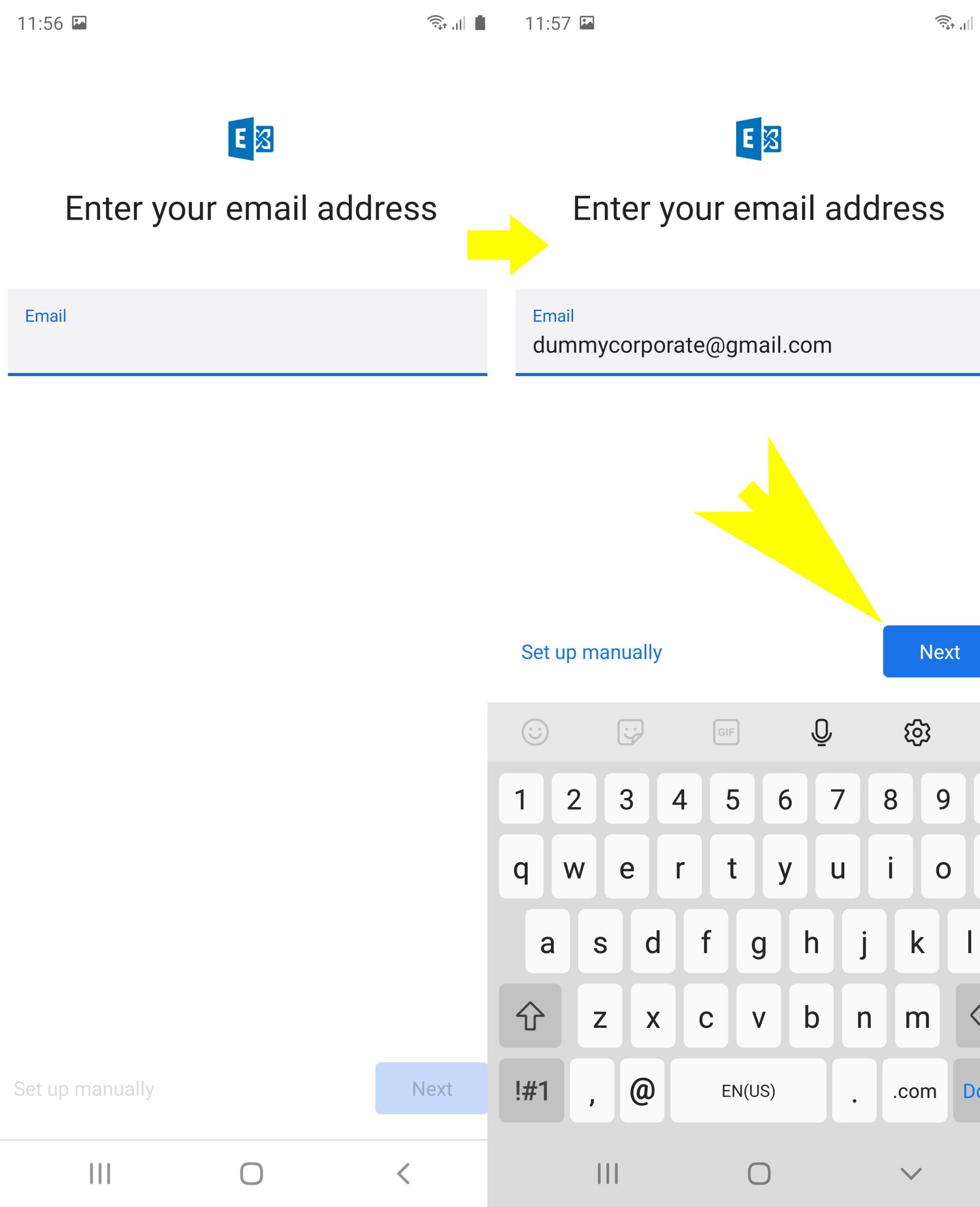 set up corporate email account on galaxy s20 - enter email address then tap next