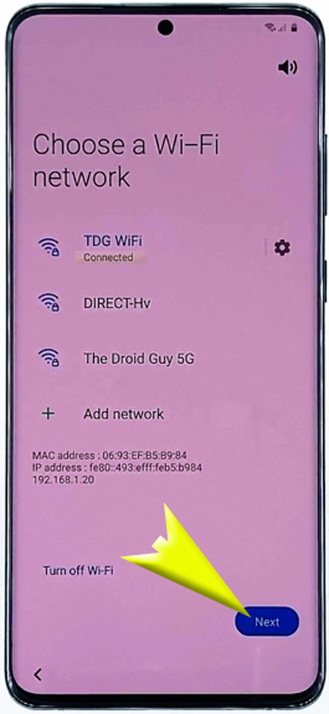 set up galaxy s20 - wifi connected next