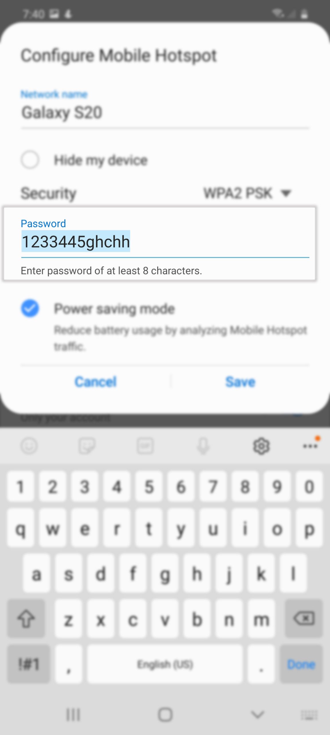 set up mobile hotspot on galaxy s20 - enter password