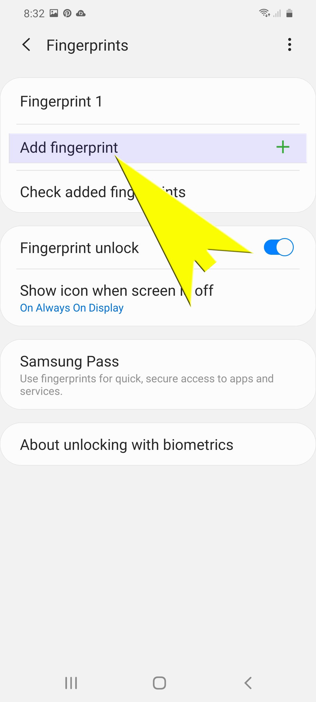 use biometrics security galaxy s20 - add fingerprints