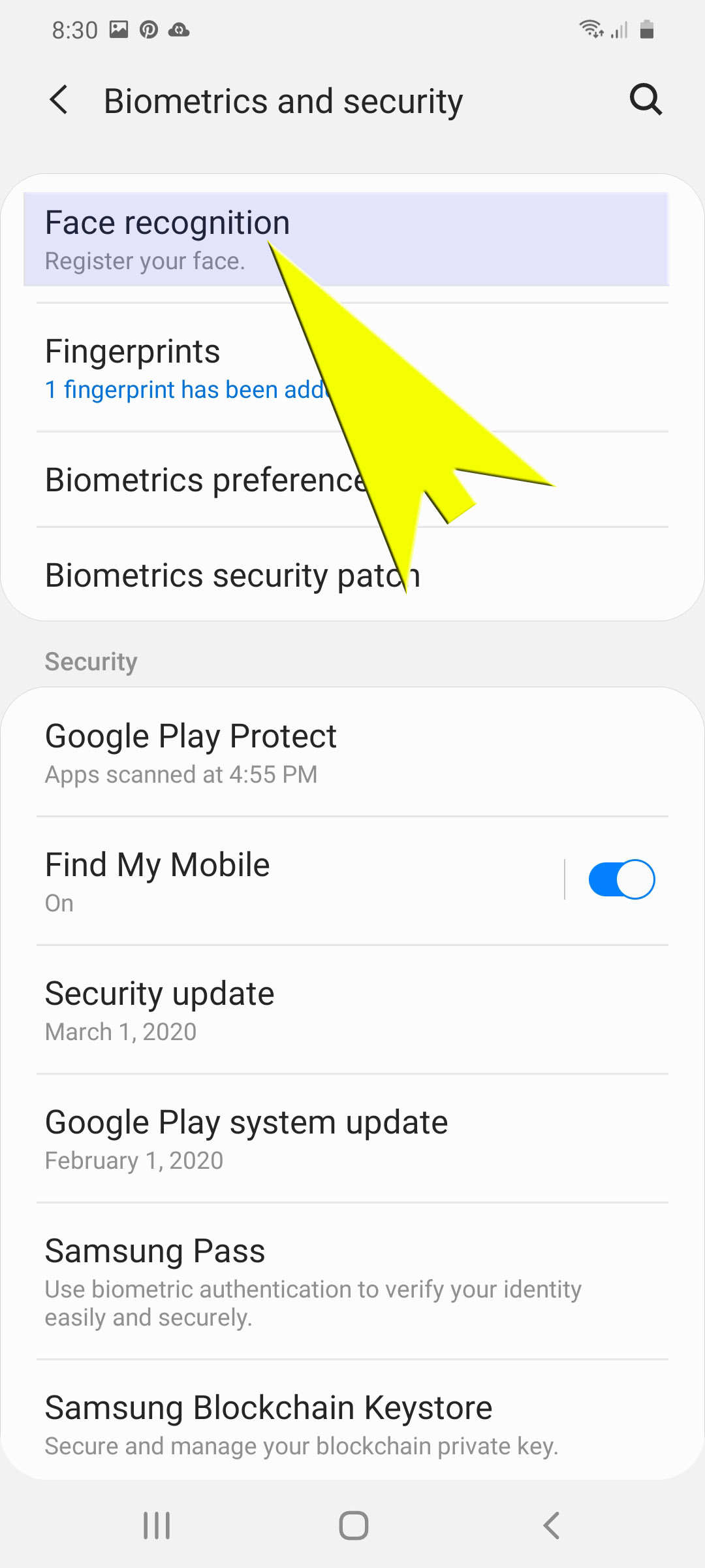 use biometrics security galaxy s20 - face recognition option