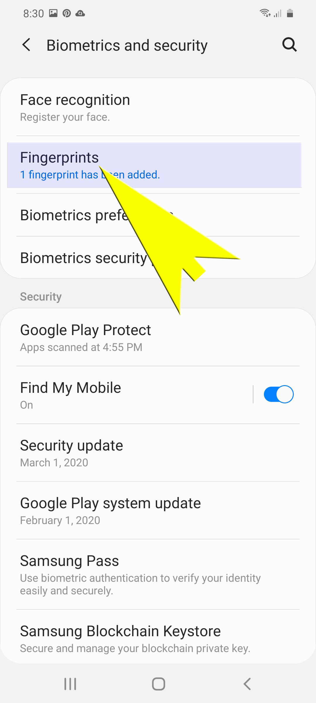 use biometrics security galaxy s20 - fingerprints menu