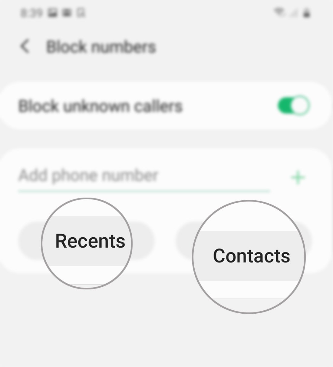 block-unblock phone number on galaxy s20- recents contacts folder