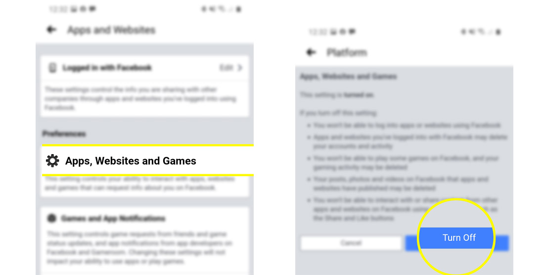 facebook apps websites games preferences