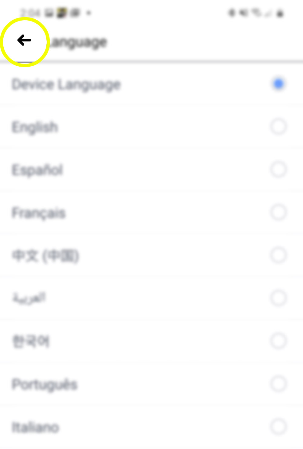 manage facebook language settings galaxy s20 - back icon
