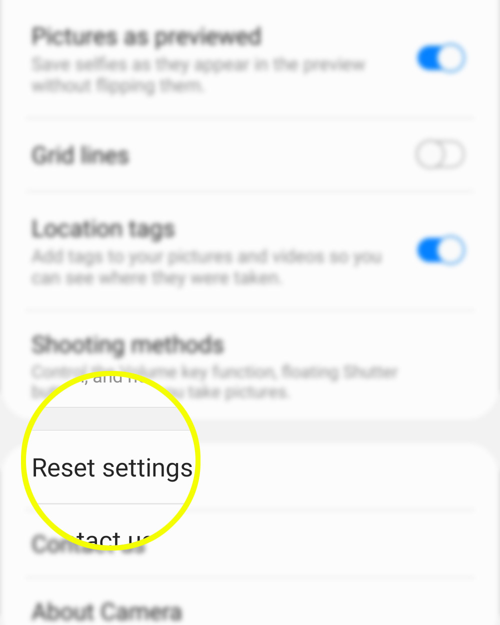 reset restore default camera settings galaxy s20 - reset settings