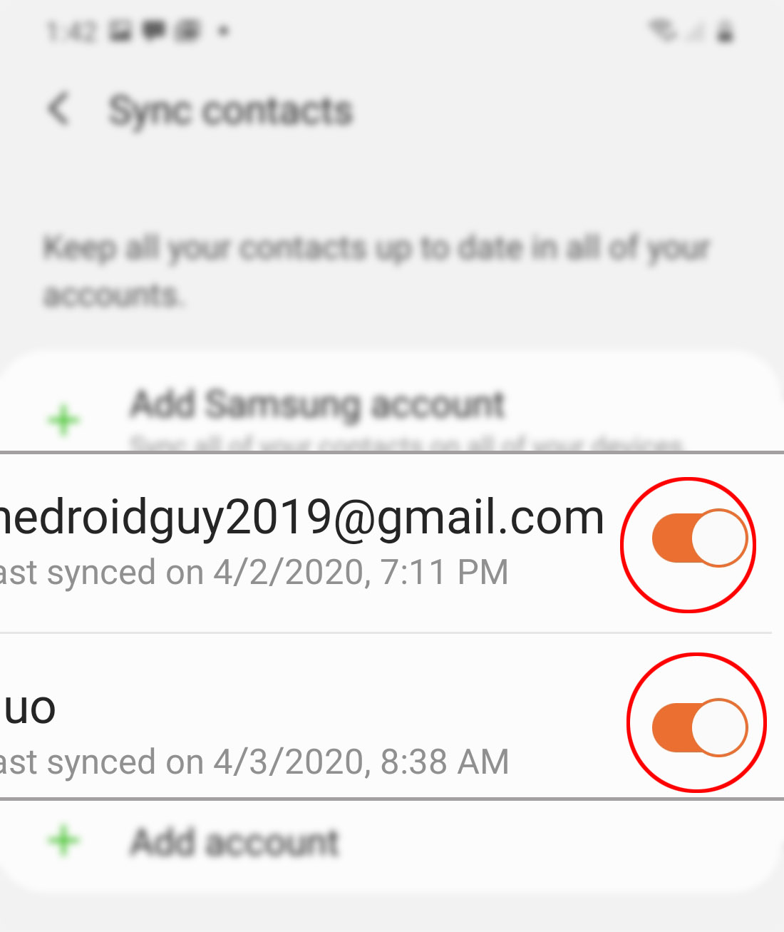 sync account contacts on galaxy s20 - select account contacts to sync