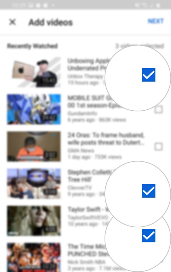 create new youtube playlist galaxy s20 - select videos