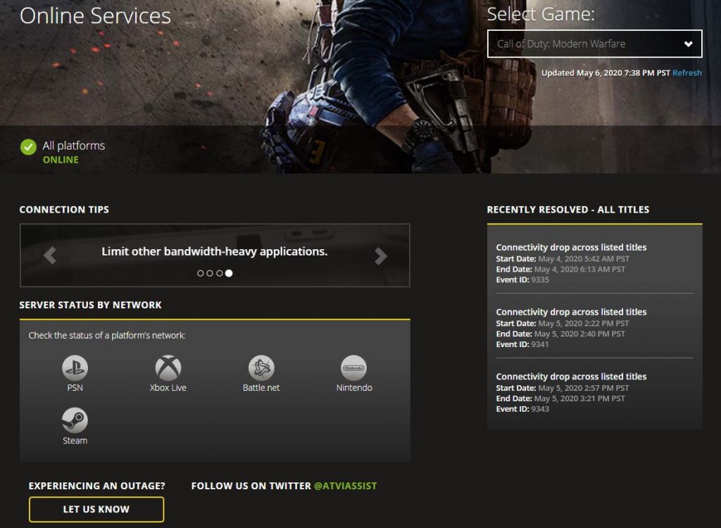 modern warfare online status