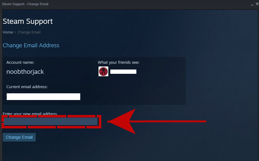 Change Steam email address screen