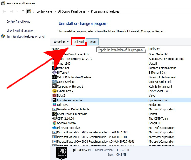 Uninstall Epic Games