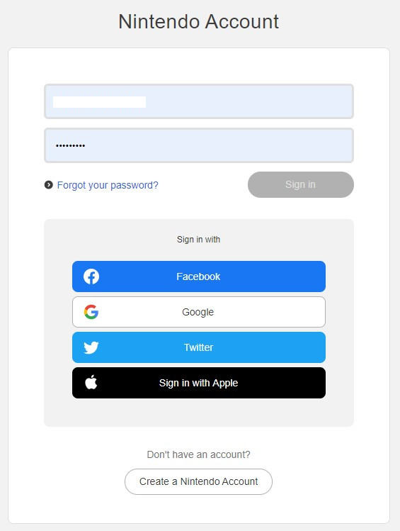 Nintendo account log in page