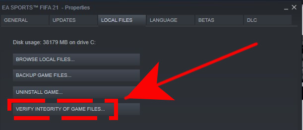 Verify files FIFA 21 on Steam