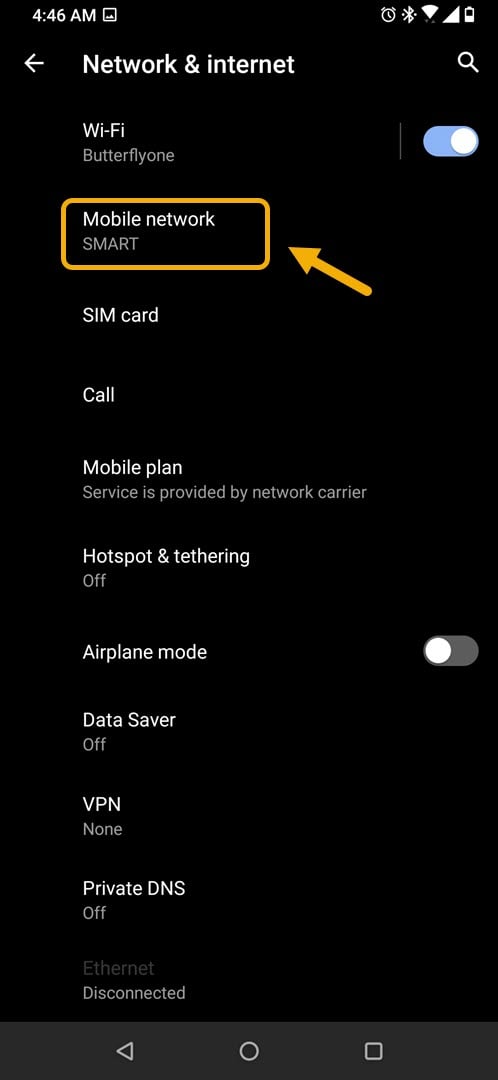 tap on mobile network