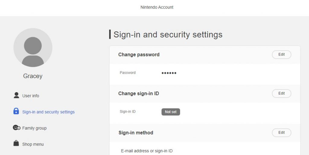 Nintendo Online account settings