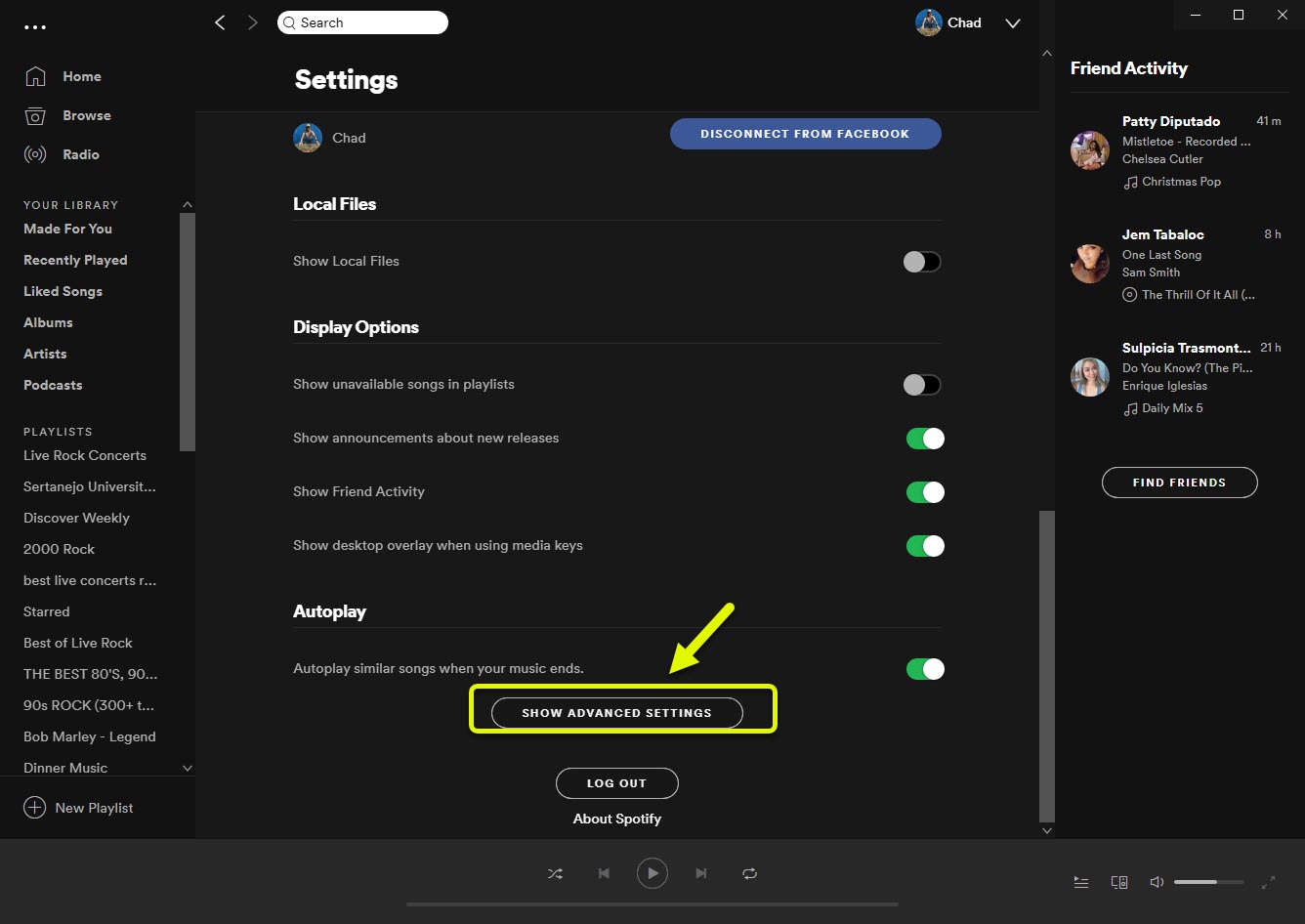 click show advanced settings