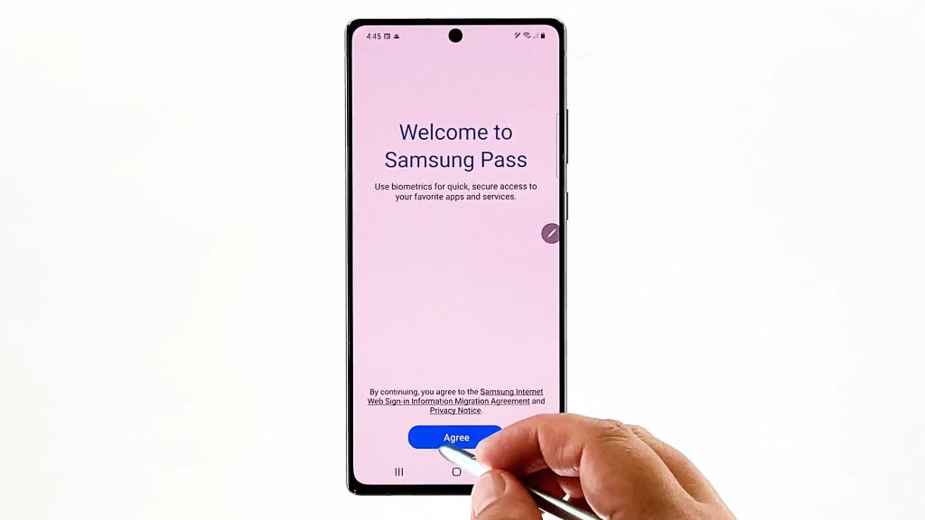 set up samsung pass note20 agree