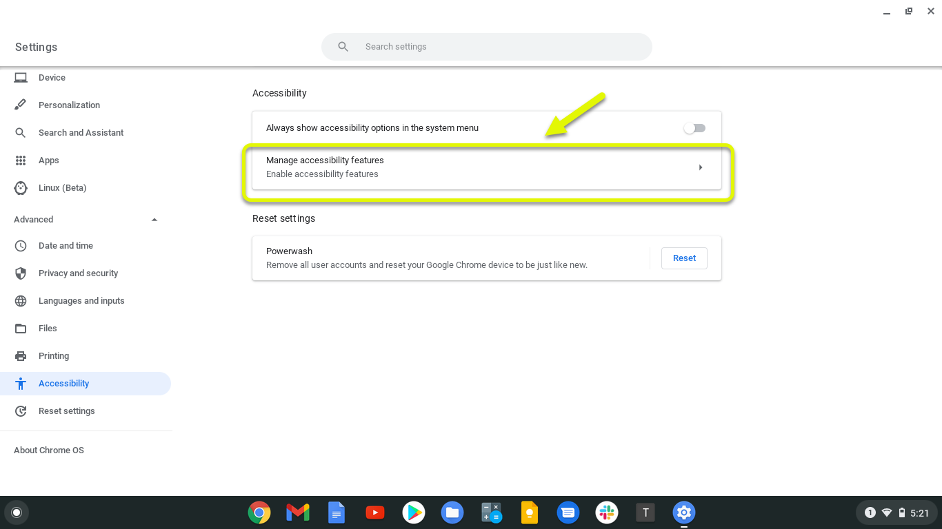 click manage accessibility features