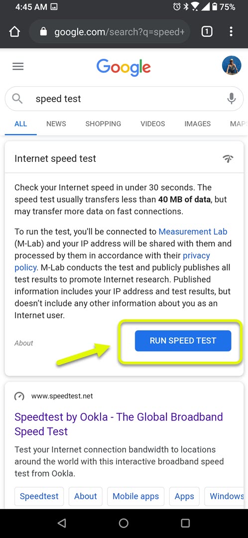 click run speed test