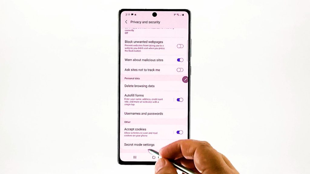 manage secret mode note 20 samsung internet secmodset