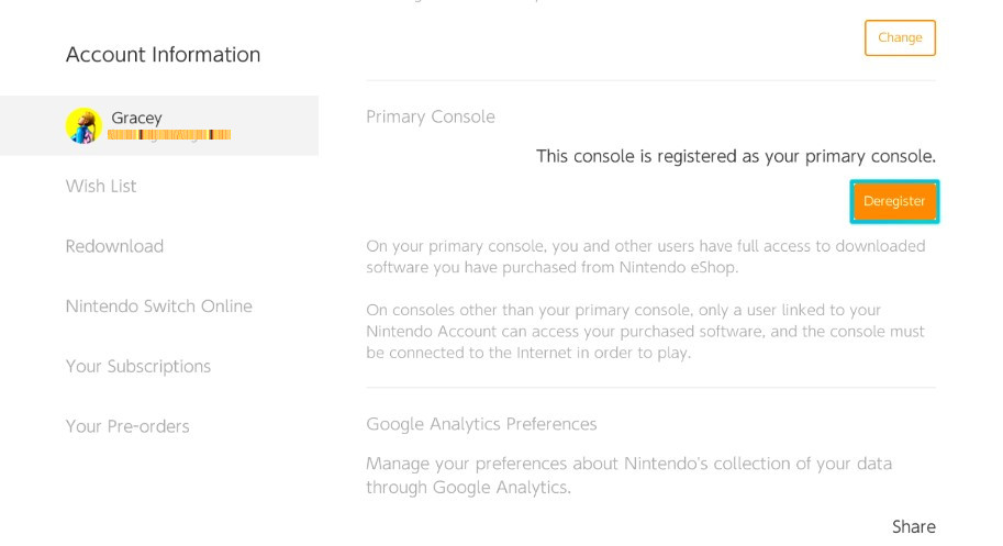 Nintendo deregister on sale primary console