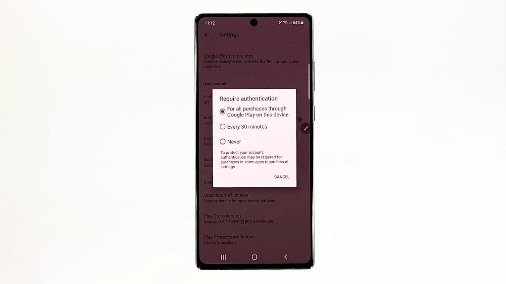 enable play store purchase authentication note20 chooseoption