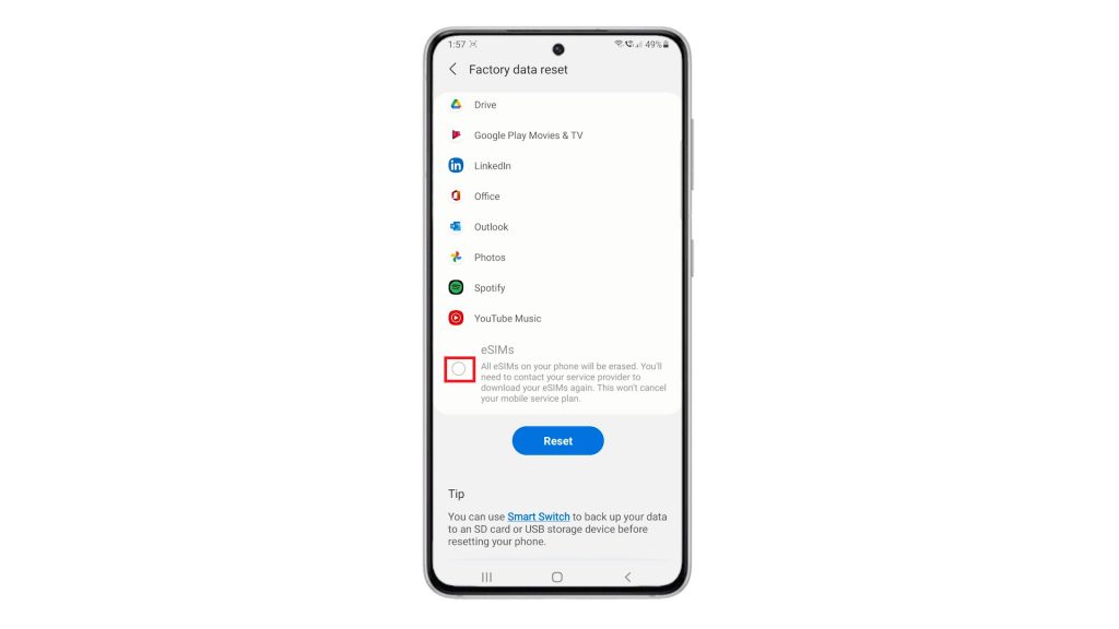 factory reset galaxy s21 via settings esims