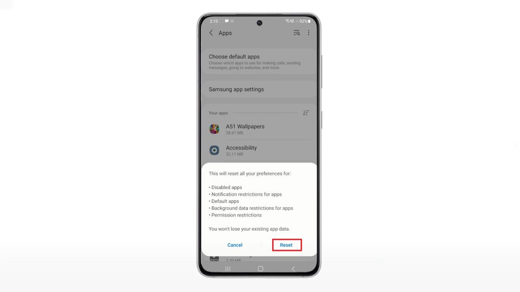 reset app preferences galaxy s21 reset